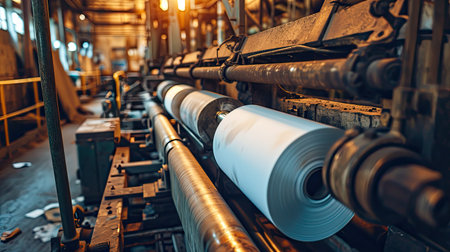 Large offset printing press or magazine running a long roll off paper in production line of industrial printer machine.の素材