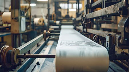 Large offset printing press or magazine running a long roll off paper in production line of industrial printer machine.の素材