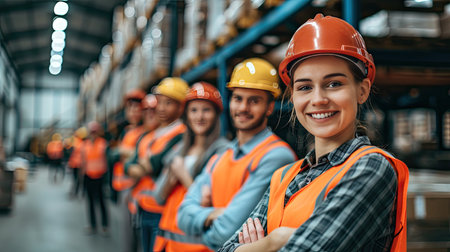 Group of workers at the factory storage business warehouse. Box at large warehouse in modern factory. Packaging in factory or warehouse.の素材