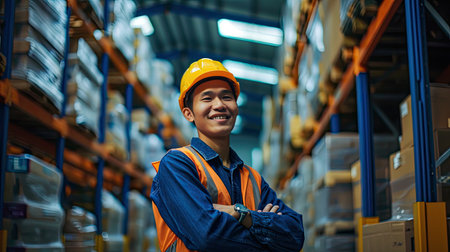 A man worker at the factory storage business warehouse. Box at large warehouse in modern factory. Packaging in factory or warehouse.の素材