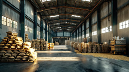 Rice , sugar or salt warehouse. Rows or stacks of white sack bags at large warehouse in modern factory. Packaging in factory or warehouse.の素材