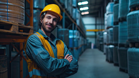 A man worker at the factory storage business warehouse. Box at large warehouse in modern factory. Packaging in factory or warehouse.の素材