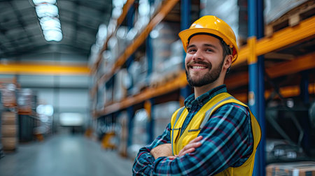 A man worker at the factory storage business warehouse. Box at large warehouse in modern factory. Packaging in factory or warehouse.の素材