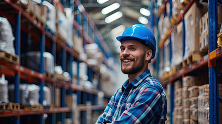 A man worker at the factory storage business warehouse. Box at large warehouse in modern factory. Packaging in factory or warehouse.の素材