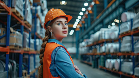 Women workers at the factory storage business warehouse. Box at large warehouse in modern factory. Packaging in factory or warehouse.の素材