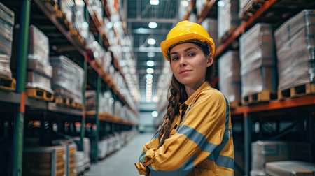 Women workers at the factory storage business warehouse. Box at large warehouse in modern factory. Packaging in factory or warehouse.の素材