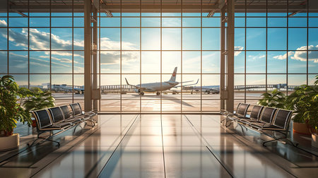 A fleet of aircraft is parked on the taxiway of the international airport runway. View of the terminal's panoramic window. Air freight background.の素材