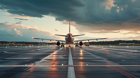 Aerial top view of airport with airplane running on runway for take off and lading, air traffic transportation concept.の素材