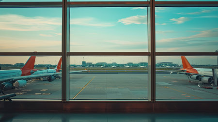 A fleet of aircraft is parked on the taxiway of the international airport runway. View of the terminal's panoramic window. Air freight background.の素材