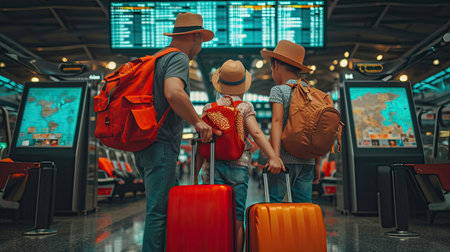 Happy family with suitcases in airport departure terminal looking at the flight information board - plane traveling conceptの素材