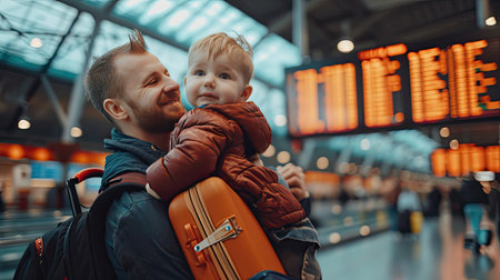 Happy family with suitcases in airport departure terminal looking at the flight information board - plane traveling conceptの素材