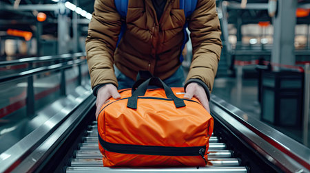 A man taking his orange bag from transportation conveyor belt in the airport as travel concept on vacation trip.の素材