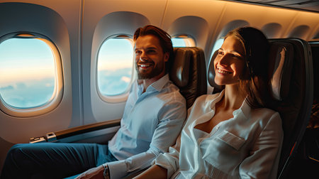 Happy smiling couple is flying in an airplane in first class, travel relax and recharge.の素材