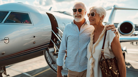 Mature couple deboarding a jet airliner after arrival to their holiday destination. Concept of senior travel and vacation.の素材