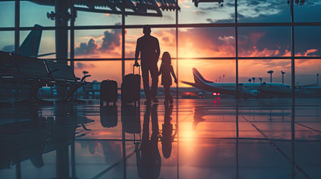 Silhouettes of a young family, filled with excitement, standing against the backdrop of a bustling airport terminal, capturing the anticipation of new adventures.の素材
