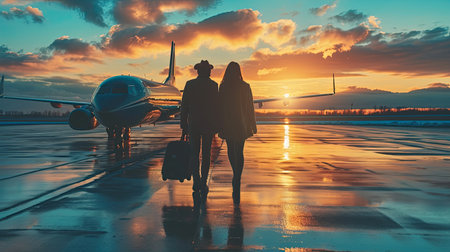 Young couple love deboarding a jet airliner after arrival to their holiday destination. Concept of senior travel and vacation.の素材