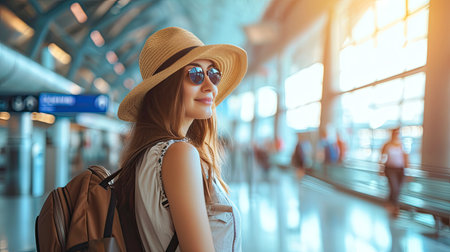 Portrait of young women before checking flight time in airport, Transport, insurance, travel and vacation concepts.の素材