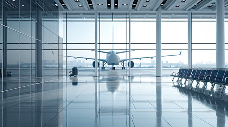 A fleet of aircraft is parked on the taxiway of the international airport runway. View of the terminal's panoramic window. Air freight background.の素材