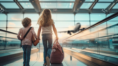 Happy family with suitcases in airport departure terminal looking at the flight information board - plane traveling conceptの素材