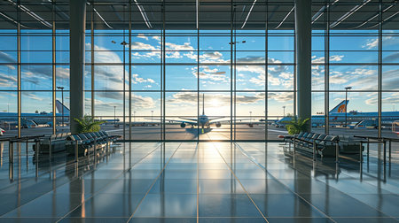 A fleet of aircraft is parked on the taxiway of the international airport runway. View of the terminal's panoramic window. Air freight background.の素材