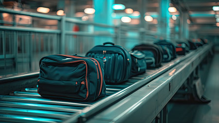 Bags and Luggages from transportation conveyor belt in the airport as travel concept on vacation trip.の素材