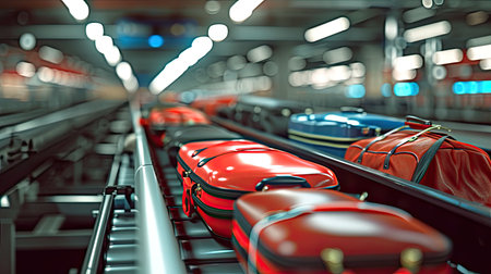 Bags and Luggages from transportation conveyor belt in the airport as travel concept on vacation trip.の素材
