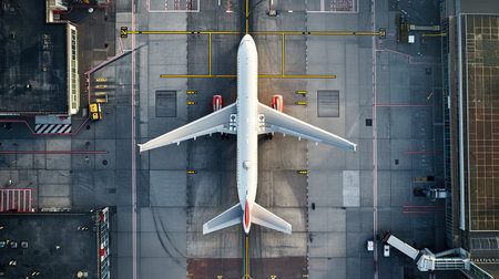 Aerial top view of airport with airplane running on runway for take off and lading, air traffic transportation concept.の素材