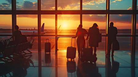 Silhouette group of people awaiting boarding in airport and looking outside at air field and daytime. Travel, romantic, holidays transportation concept.の素材