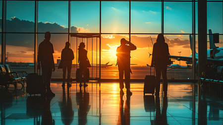 Silhouette group of people awaiting boarding in airport and looking outside at air field and daytime. Travel, romantic, holidays transportation concept.の素材