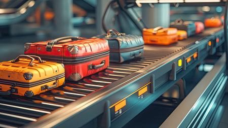 Bags and Luggages from transportation conveyor belt in the airport as travel concept on vacation trip.の素材