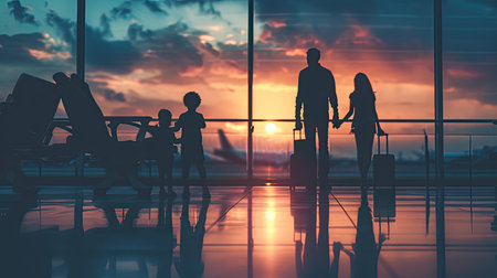 Silhouettes of a young family, filled with excitement, standing against the backdrop of a bustling airport terminal, capturing the anticipation of new adventures.の素材