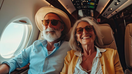 Mature couple deboarding a jet airliner after arrival to their holiday destination. Concept of senior travel and vacation.の素材