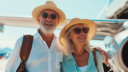 Mature couple deboarding a jet airliner after arrival to their holiday destination. Concept of senior travel and vacation.の素材