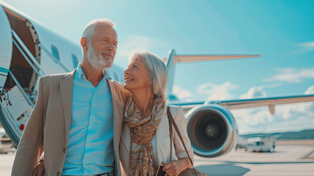 Mature couple deboarding a jet airliner after arrival to their holiday destination. Concept of senior travel and vacation.の素材