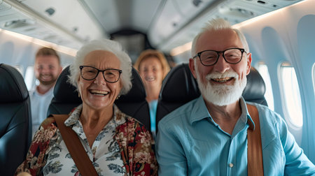 Mature couple deboarding a jet airliner after arrival to their holiday destination. Concept of senior travel and vacation.の素材