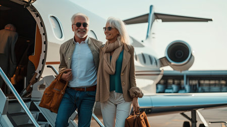 Mature couple deboarding a jet airliner after arrival to their holiday destination. Concept of senior travel and vacation.の素材