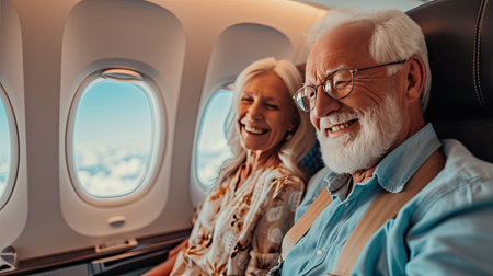Mature couple deboarding a jet airliner after arrival to their holiday destination. Concept of senior travel and vacation.の素材