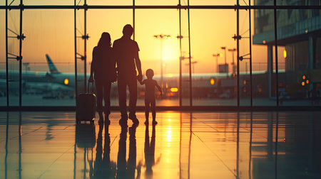 Silhouettes of a young family, filled with excitement, standing against the backdrop of a bustling airport terminal, capturing the anticipation of new adventures.の素材