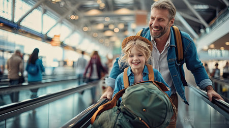 Happy funny family traveler go to airport gate, family with travel bag excited for traveler trip. Travel, romantic, holidays transportation concept.の素材