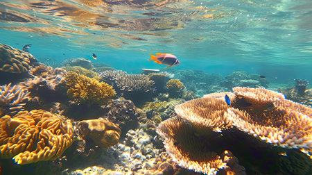 Amphibian snorkeling and coral undeawater sea wonderful coral reef. Ocean coral reef underwater. Sea world under water background. Beautiful view of sea life. Ecosystem.の素材