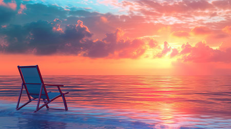 A solitary beach chair facing the horizon, set against a backdrop of a spectacular sunset over the ocean, capturing the essence of a peaceful evening by the sea.の素材