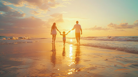 Family parents with children fun holding hands together running to beach in holiday, dad, mom and kids take off shoes run on sand beach, daughter turned face around, Happy family day.の素材