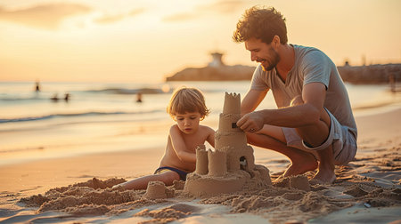 Father and his little son building sand castle at the beach. Happy and joyful.の素材