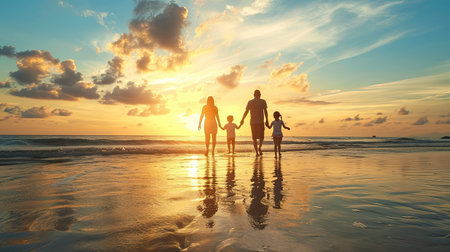Family parents with children fun holding hands together running to beach in holiday, dad, mom and kids take off shoes run on sand beach, daughter turned face around, Happy family day.の素材