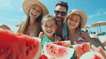 Family, leisure and people concept - happy mother, father and two daughters having picnic on summer beach and eating watermelon.の素材
