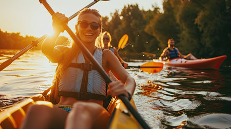 Happy young caucasian group of friends kayaking on river with sunset in the backgrounds. Having fun in leisure activity. Happy male and female model laughing on the kayak. Sport, relations concept.の素材
