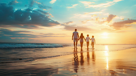 Family parents with children fun holding hands together running to beach in holiday, dad, mom and kids take off shoes run on sand beach, daughter turned face around, Happy family day.の素材