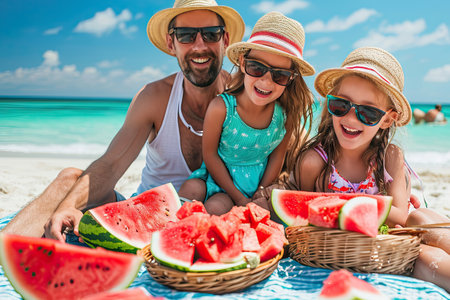 Family, leisure and people concept - happy mother, father and two daughters having picnic on summer beach and eating watermelon.の素材