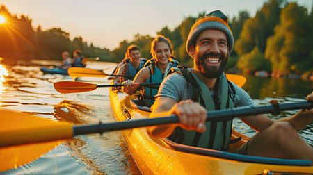Happy young caucasian group of friends kayaking on river with sunset in the backgrounds. Having fun in leisure activity. Happy male and female model laughing on the kayak. Sport, relations concept.の素材