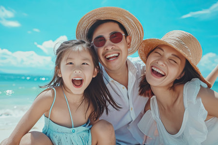 Happy asian family enjoy the sea beach. father, mother and daughter having fun playing beach in summer vacation on the ocean beach. Happy family with vacation time lifestyle concept.の素材